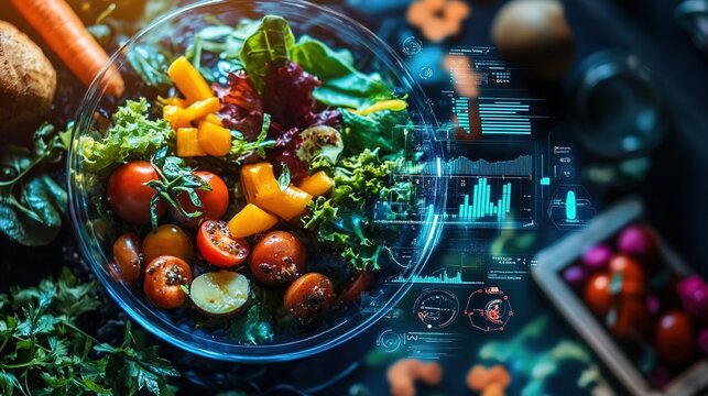 A fresh, colorful salad with tomatoes, lettuce, and bell peppers juxtaposed with digital data overlays, symbolizing the intersection of food and technology.