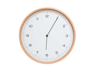 Minimal wall clock with light wood frame and white face displaying 06:05 or 18:05. Perfect for...