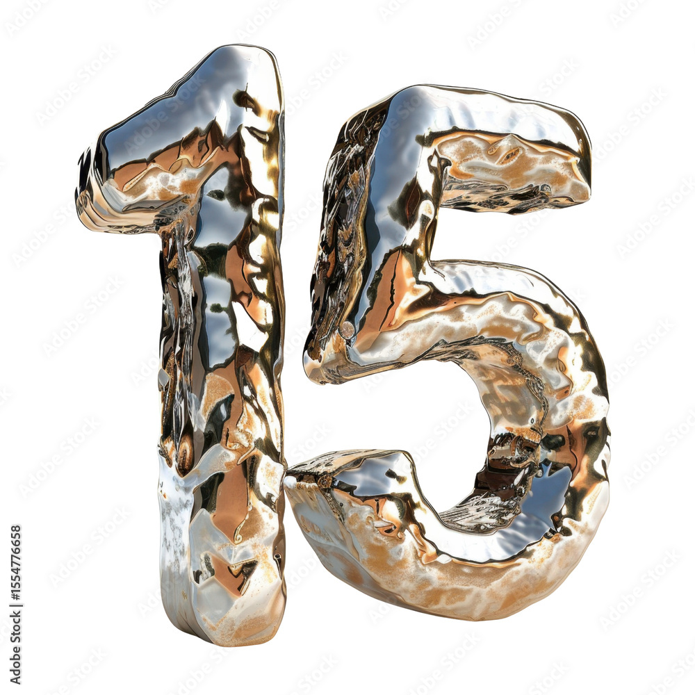 Poster shiny metallic number 15 with reflective surface, showcasing unique design and texture, perfect for 