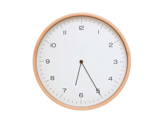 Minimal wall clock with light wood frame and white face displaying 06:25 or 18:25. Perfect for...