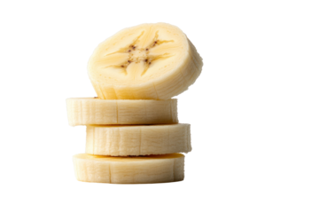 Banana slices on display: A close-up shot of a sliced banana, showcasing its appealing texture and inviting freshness. These slices of the banana are stacked.