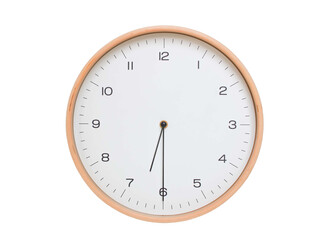 Minimal wall clock with light wood frame and white face displaying 06:30 or 18:30. Perfect for clean, modern concepts about time and scheduling.
