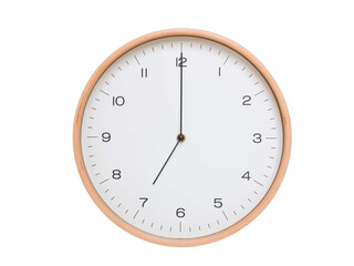 Minimal wall clock with light wood frame and white face displaying 07:00 or 19:00. Perfect for...