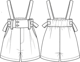 Technical fashion flat sketch of high-waisted paperbag shorts with suspenders and belt. Vector illustration of women's apparel design template with details.