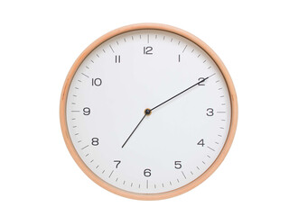 Minimal wall clock with light wood frame and white face displaying 07:10 or 19:10. Perfect for clean, modern concepts about time and scheduling.