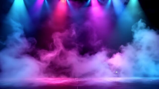 Vibrant Stage Illuminated by Colorful Lights and Swirling Smoke Creates Dramatic Atmosphere for Captivating Performance with Dynamic and Energetic Effects