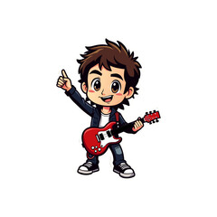 Cheerful cartoon boy musician giving a thumbs up while holding a red electric guitar, standing on a white background