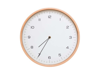 Minimal wall clock with light wood frame and white face displaying 07:35 or 19:35. Perfect for clean, modern concepts about time and scheduling.