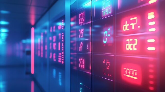 A futuristic data center with glowing digital panels displaying various numbers and codes in vibrant blue and pink lighting.
