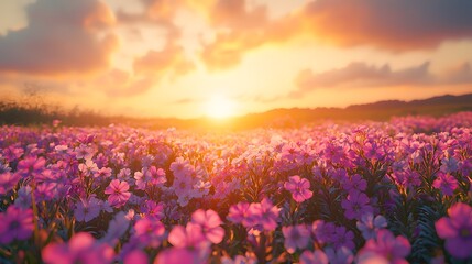Fototapeta premium Photorealistic field of vibrant pink flowers blooming at sunset, soft golden light illuminating the gentle landscape and distant mountains