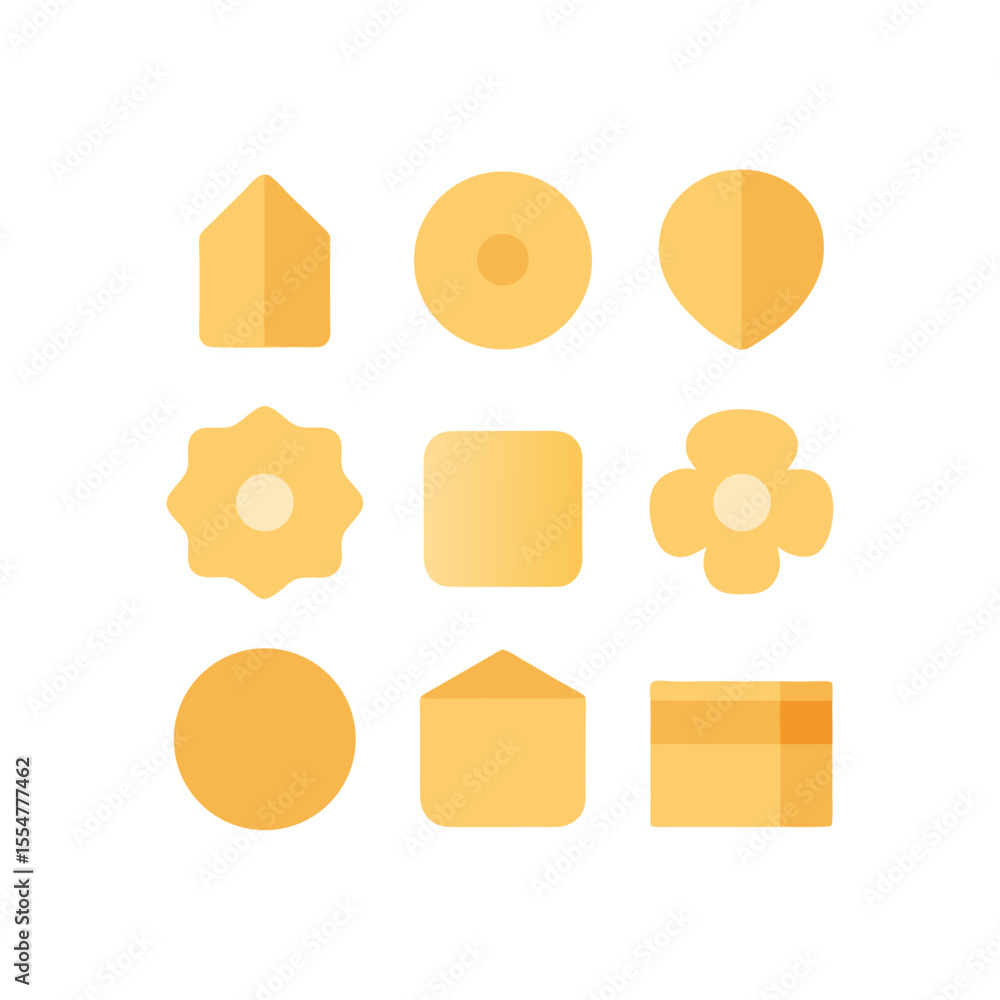 Poster collection of nine minimalist geometric shapes in yellow tones arranged in a grid pattern creating a