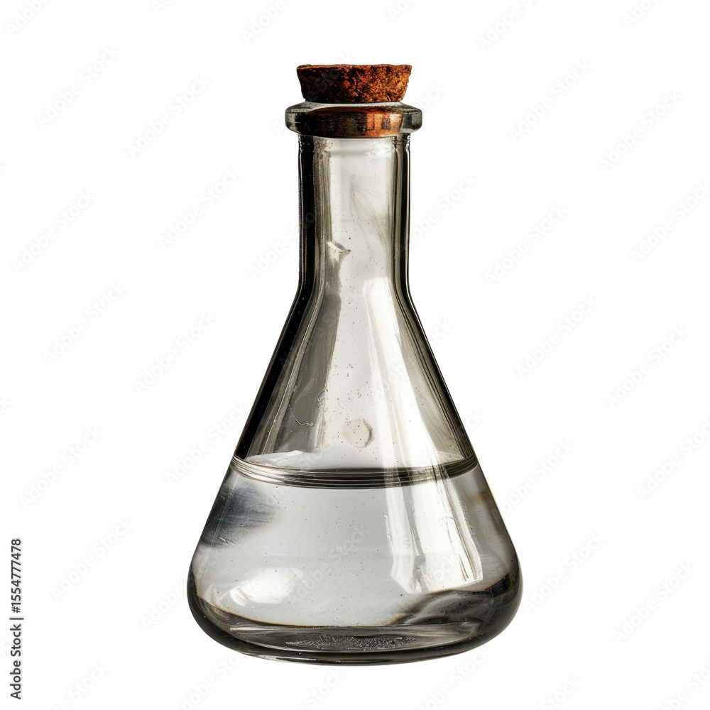 Poster clear glass laboratory flask with cork stopper, showcasing simple yet elegant design. flask is fille