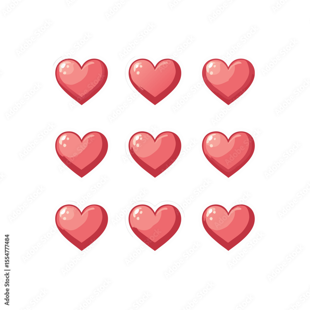 Poster collection of nine red cartoon hearts in a grid pattern on a white background displaying love and af