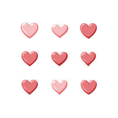 Collection of nine cartoon heart shapes in various shades of pink conveying love and affection in a simple and charming style