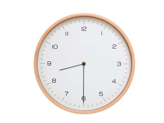 Minimal wall clock with light wood frame and white face displaying 08:30 or 20:30. Perfect for...
