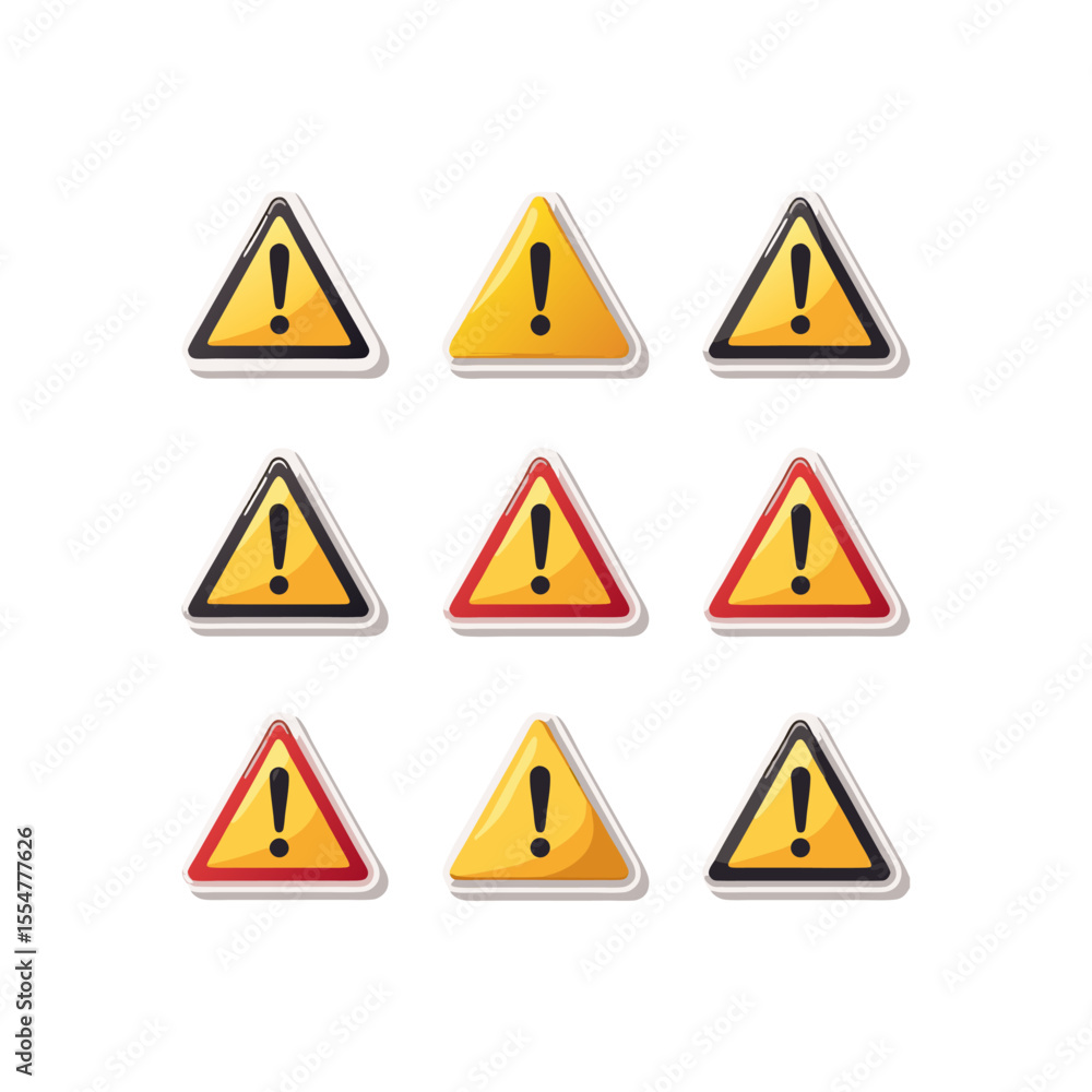 Poster collection of vibrant warning signs featuring exclamation points in a triangular shape against a cle