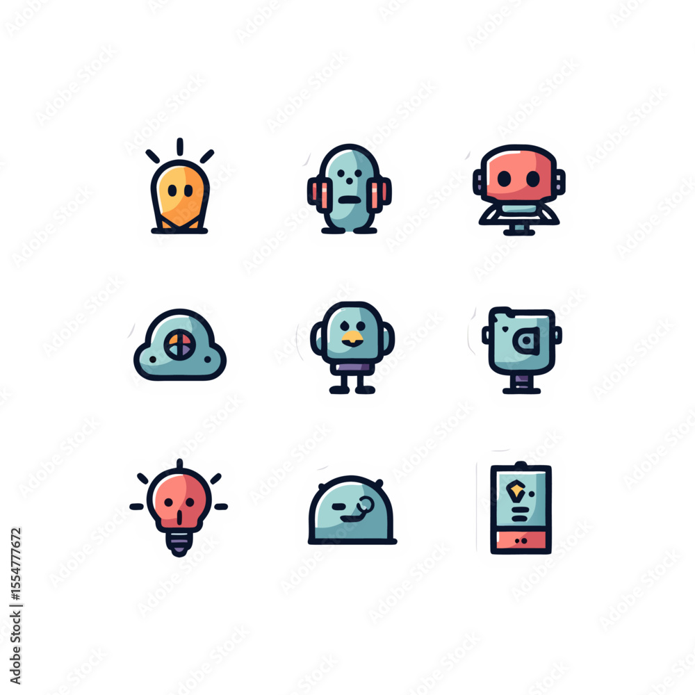 Poster collection of whimsical robot characters in a variety of shapes and colors for graphic design projec