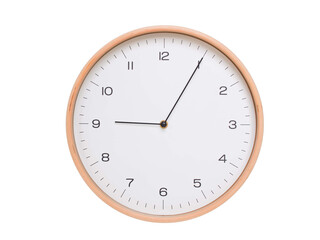 Minimal wall clock with light wood frame and white face displaying 09:05 or 21:05. Perfect for clean, modern concepts about time and scheduling.