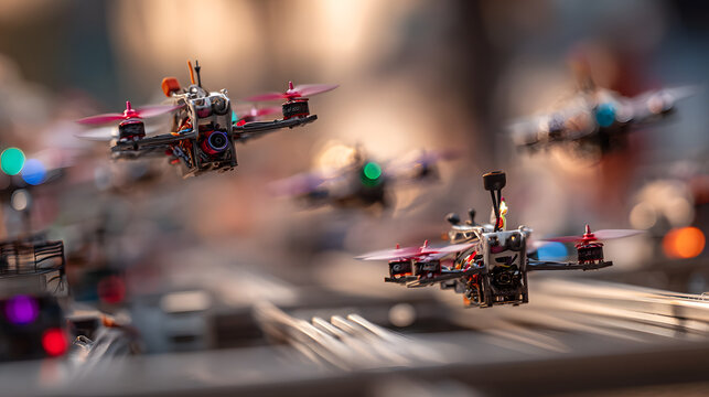 FPV drone racing competition with high-speed drones navigating through obstacles - Powered by Adobe