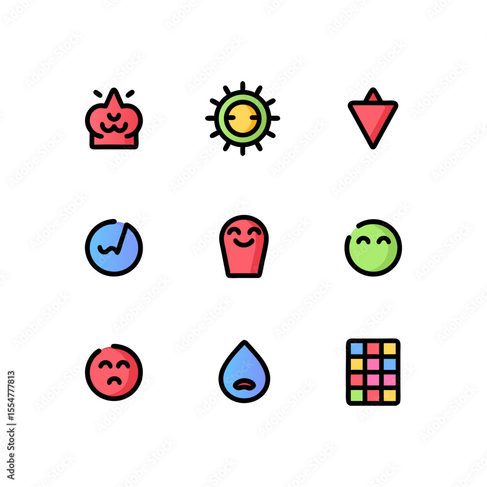 Aufkleber colorful icon set featuring diverse expressions, shapes, and symbols in a vibrant and playful design