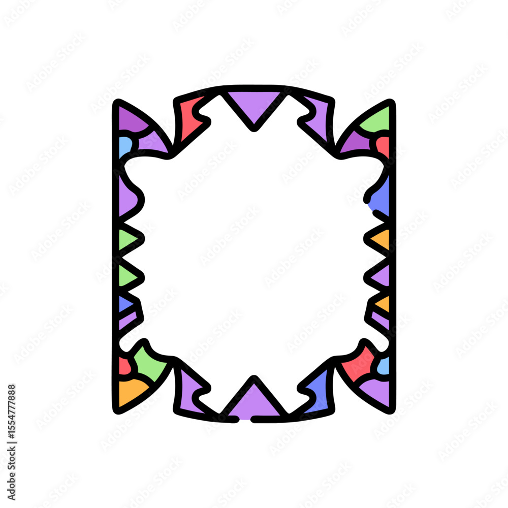 Poster colorful stained glass window frame design with geometric shapes and black background creating a vib