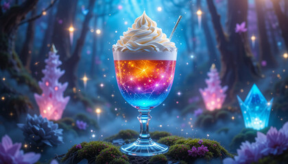 Fantasy Cream Drink with Magical Glow in Dreamy Setting
