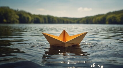 Fototapeta premium Old wooden fishing boat calmly reflects on the summer lake under a vast sky, a true nature travel landscape