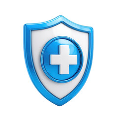 Fototapeta premium 3D icon of a shield with a medical cross, in blue color on a white background, png, transparent