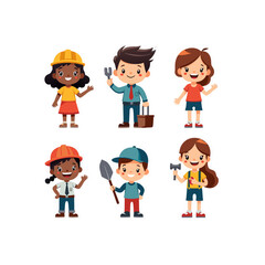 Diverse group of cheerful kids dressed in various professional outfits representing different occupations and careers in vector design