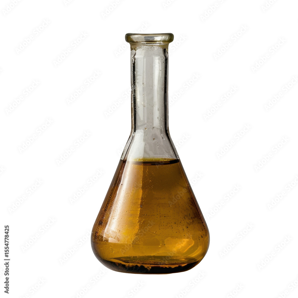 Poster glass laboratory flask filled with amber liquid, showcasing scientific setting. flask unique shape a