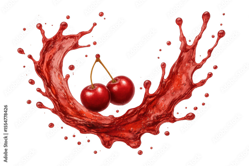 Poster two ripe cherries rotating inside a splash of cherry juice, isolated on a transparent background