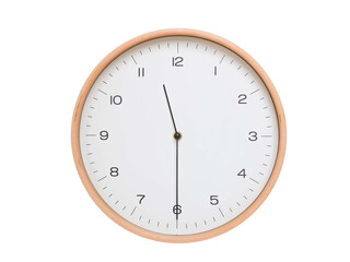 Minimal wall clock with light wood frame and white face displaying 11:30 or 23:30. Perfect for clean, modern concepts about time and scheduling.
