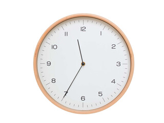 Minimal wall clock with light wood frame and white face displaying 11:35 or 23:35. Perfect for clean, modern concepts about time and scheduling.