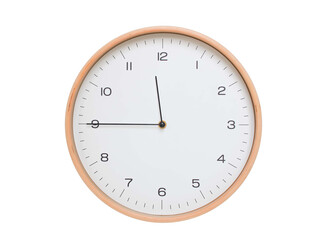 Minimal wall clock with light wood frame and white face displaying 11:45 or 23:45. Perfect for clean, modern concepts about time and scheduling.