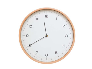 Minimal wall clock with light wood frame and white face displaying 11:40 or 23:40. Perfect for clean, modern concepts about time and scheduling.