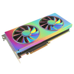 a colorful rainbow-themed graphics card with fans on a white background, png, transparent