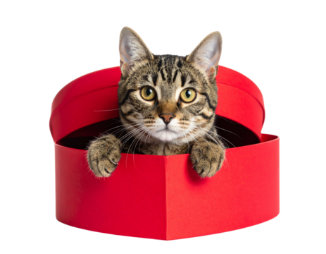 Playful Cat Peeking Out of a Red Heart Box with Paws Hanging Over the Edge Transparent Background PNG