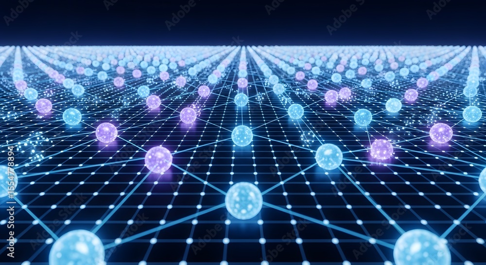 Fototapete abstract network glowing spheres connected in a grid pattern