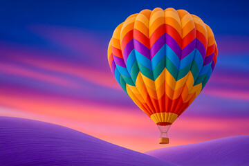 Fototapeta premium Hot air balloon ascends in vibrant colors against twilight sky transitioning from blue to warm pinks. Landscape features rolling hills providing serene backdrop