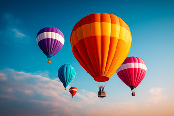Fototapeta premium Hot air balloons ascending into bright blue sky with vibrant colors. Impressive display of emotion in the air. Concept of tourism, adventure, event planning