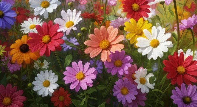 A vibrant display of colorful daisies in full bloom creating a cheerful and lively floral scene - Powered by Adobe
