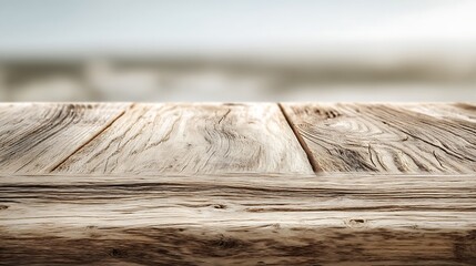 Rustic Wooden Tabletop with Blurred Background of Sea and Sky, Ideal for Displaying Products