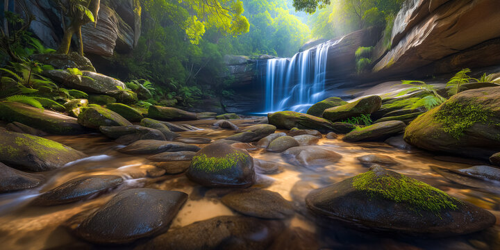 Waterfall pours over moss-covered rocks with gentle rush creating serene atmosphere. Lush green landscape enhances natural beauty. Concept of eco-tourism, nature exploration, wellness - Powered by Adobe