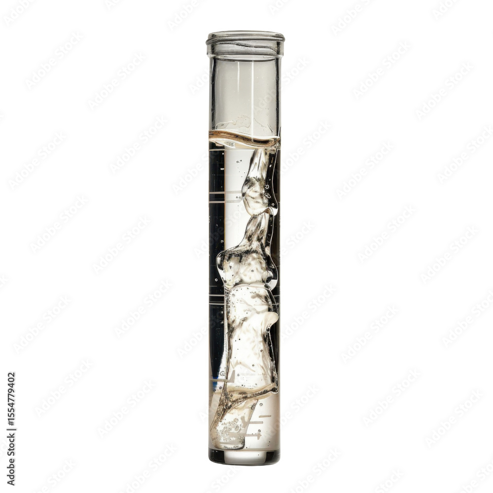 Poster clear test tube filled with liquid, showcasing bubbles and unique shape of solid object inside, crea