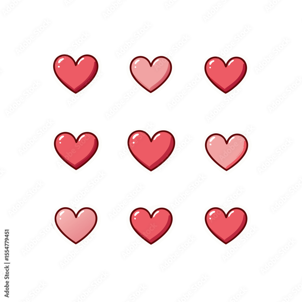 Poster group of nine cartoon hearts in different shades of pink arranged in a three by three grid pattern a