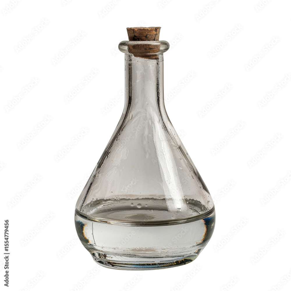 Poster clear glass laboratory flask with cork stopper, showcasing simple yet elegant design. flask is fille