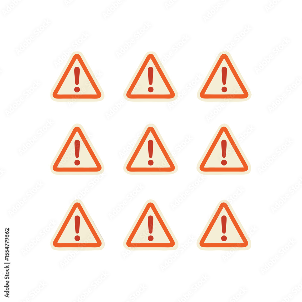 Aufkleber pattern of orange warning signs with exclamation points arranged on a white background to alert and 