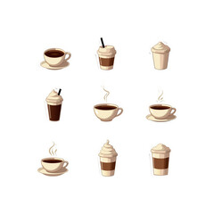 Obraz premium Variety of coffee beverages illustrations on black background featuring hot coffee cups and iced coffee with whipped cream stickers