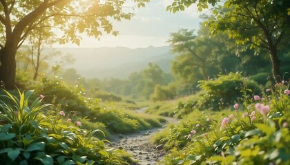 Obraz premium Tranquil forest pathway with sun dappled light filtering through verdant trees and delicate pink wildflowers.