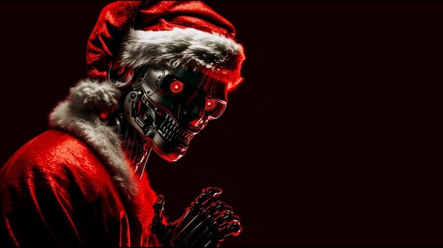 evil scary robot with red eyes wearing santa clause costume